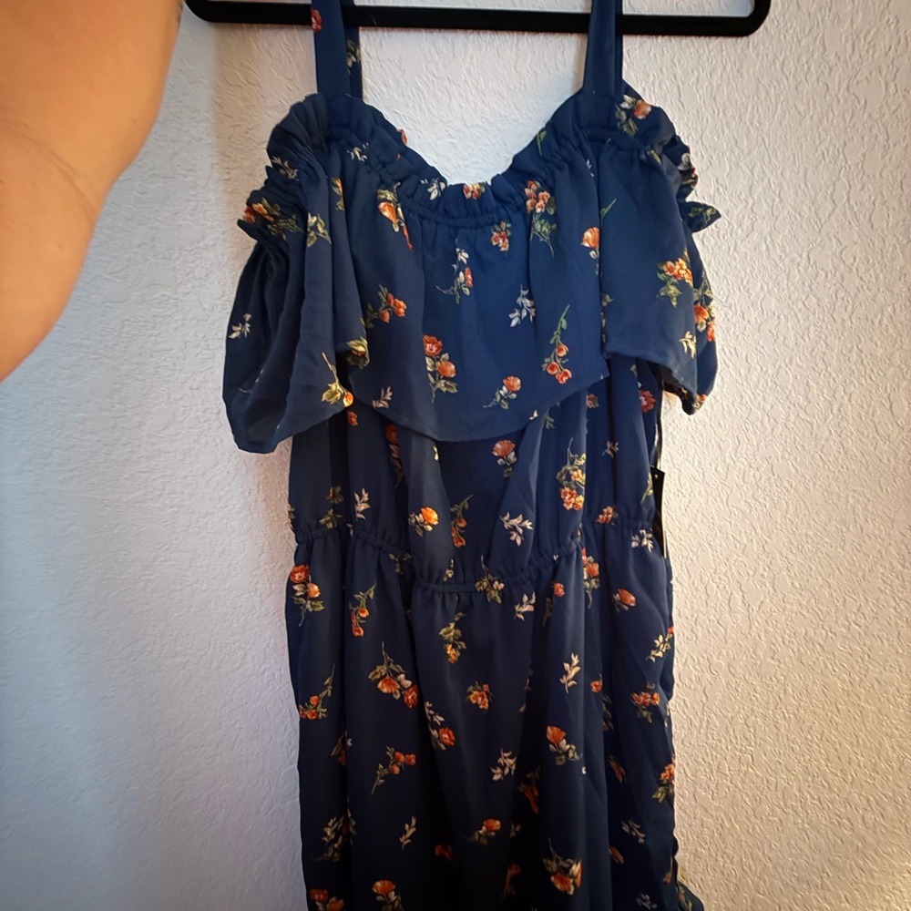 Navy Floral Cold-Shoulder Maxi Dress